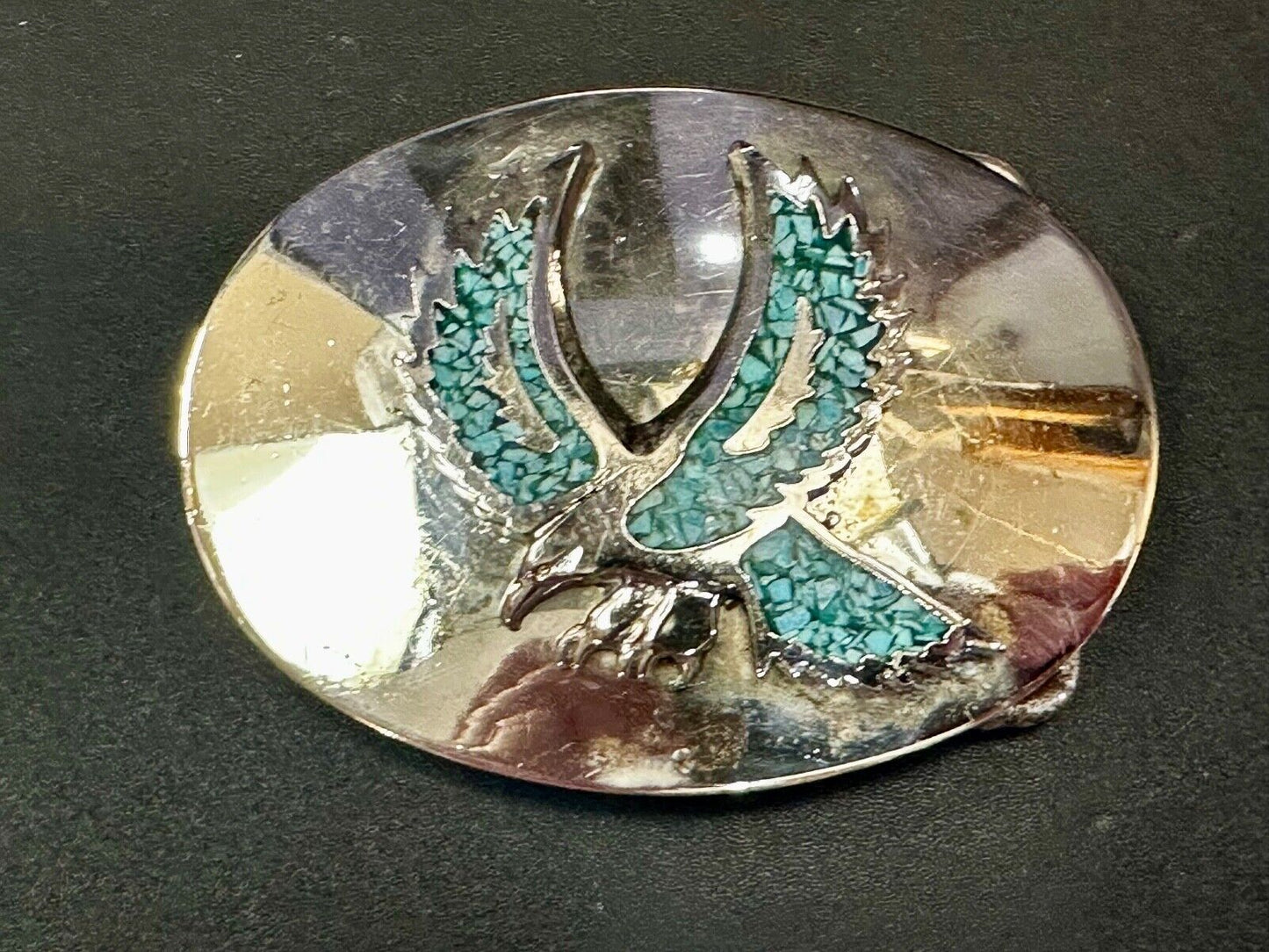 Turquoise Chip inlaid Flying Hunting Diving Patriotic American Eagle Belt Buckle