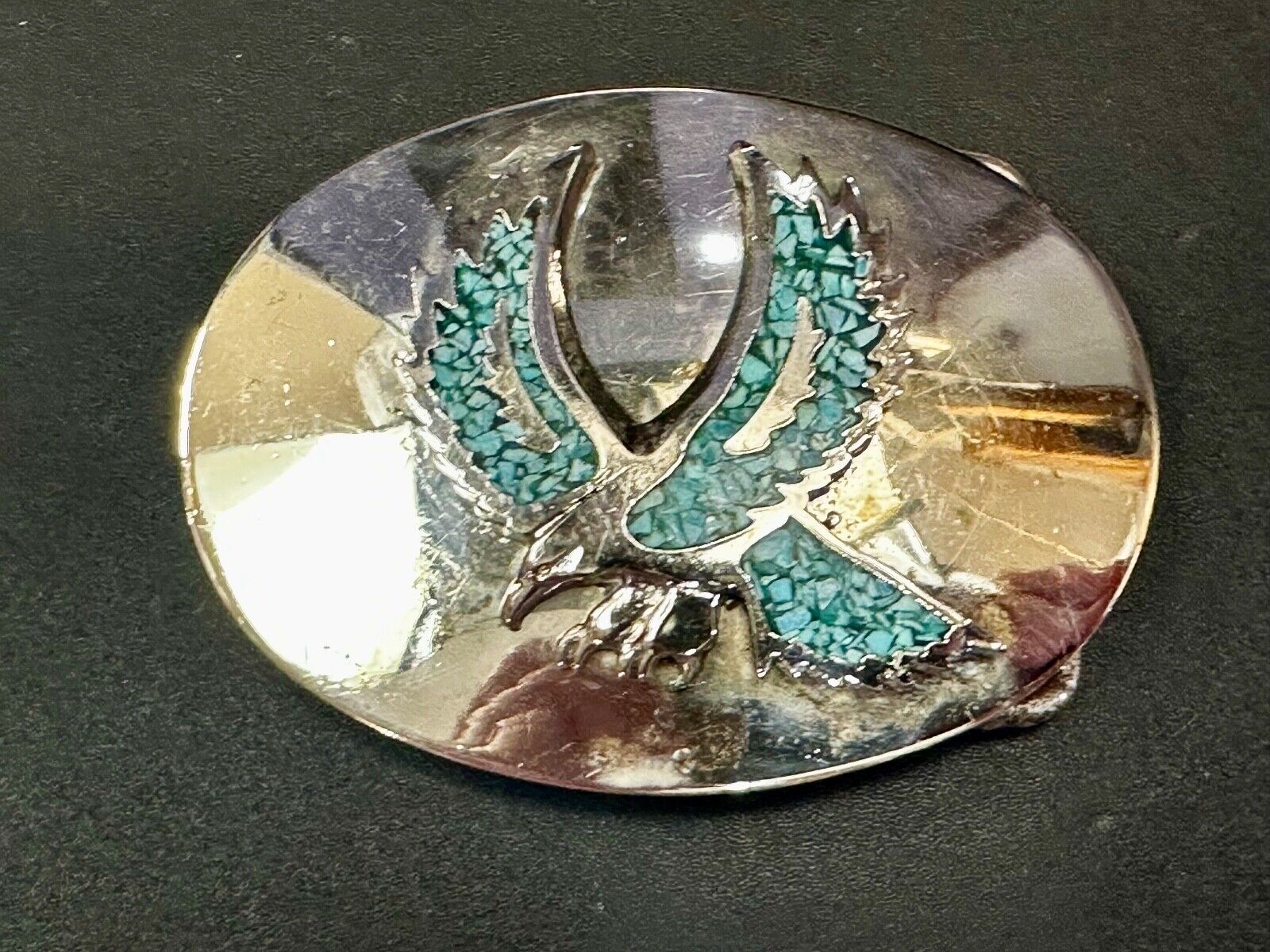 Turquoise Chip inlaid Flying Hunting Diving Patriotic American Eagle Belt Buckle