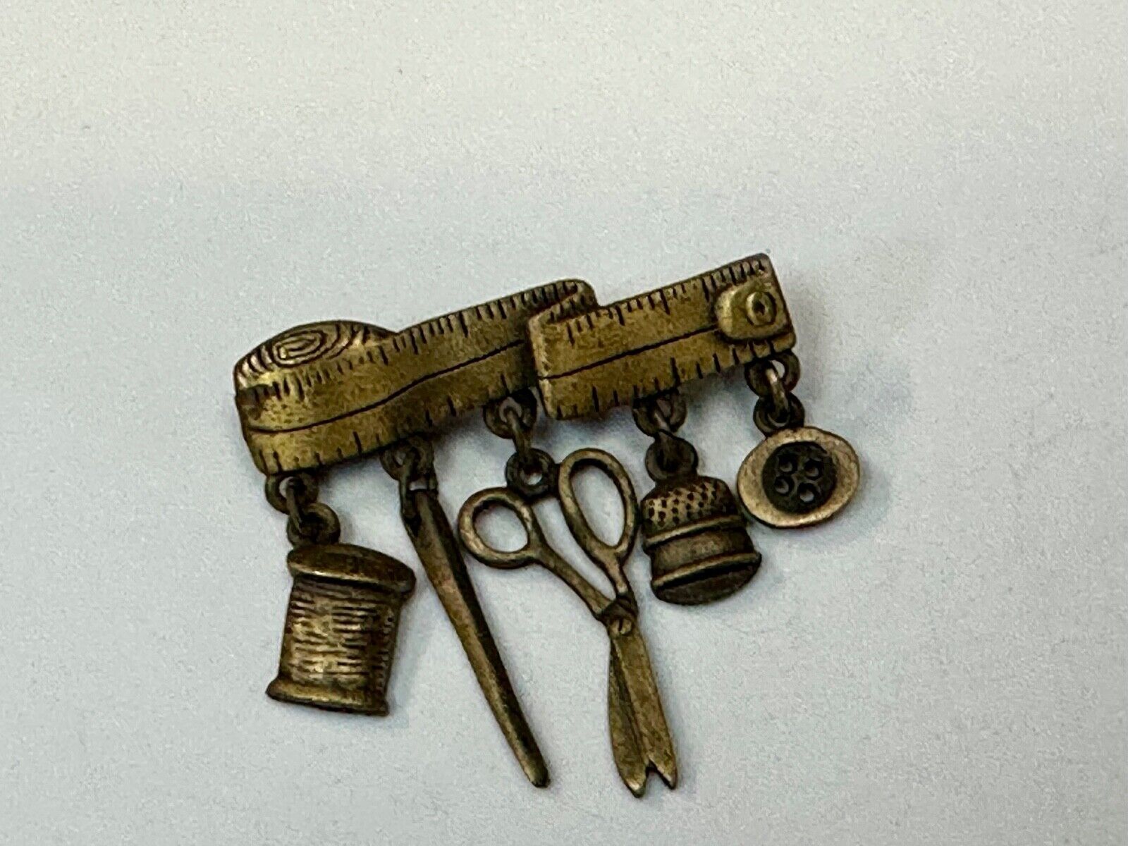 Sewing needle thread dangle charms JJ Signed vintage pewter brooch pin