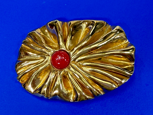 Antique Textured Metal W/ Centered Red Stone Gold Tone Belts by Lois Belt Buckle