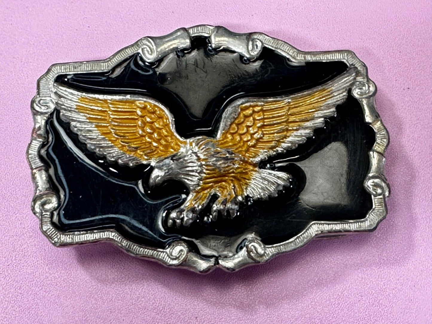 American Flying Bald Eagle Black & Gold Enamel Western Style Belt Buckle
