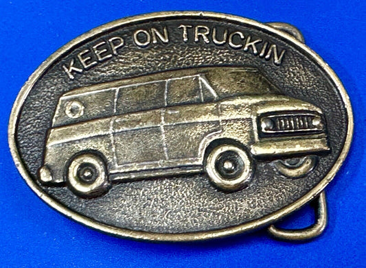 Keep on trucking  RARE!  - retro 80's van woodie? SUV hippy style belt buckle