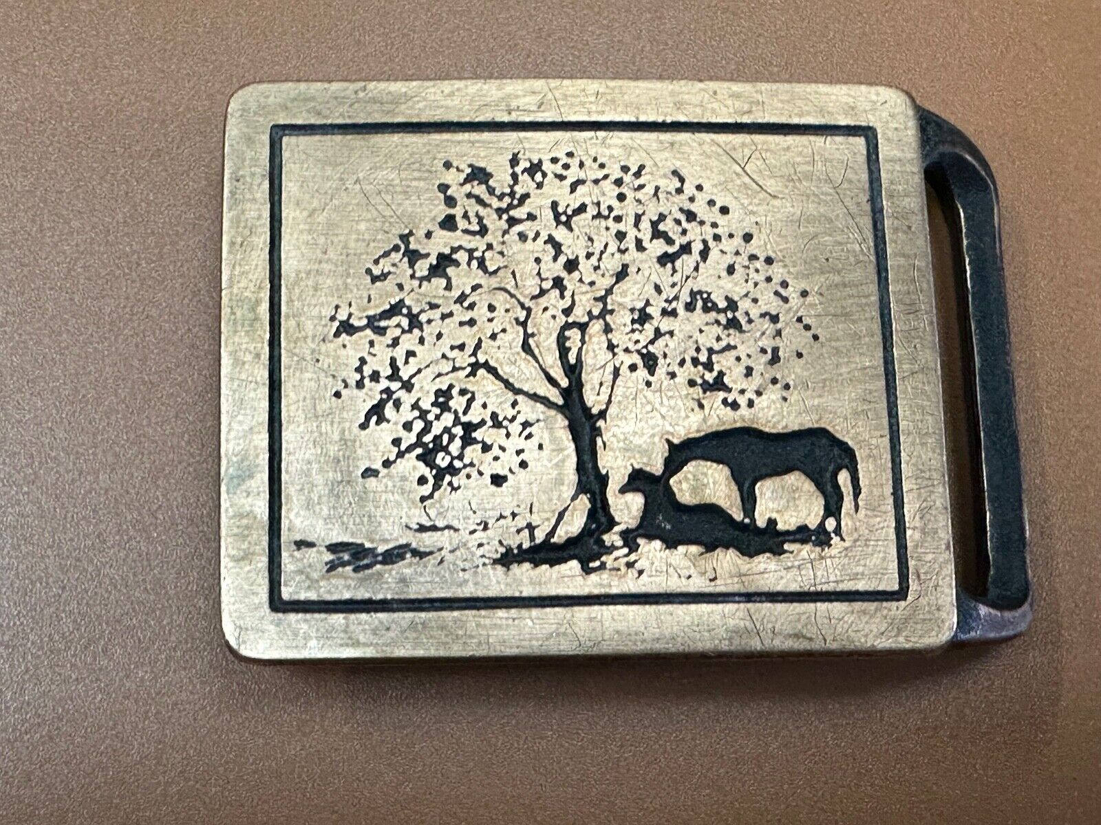 TWO HORSES - under tree  TECH-ETHER GUILD ART Hippy  solid brass belt buckle