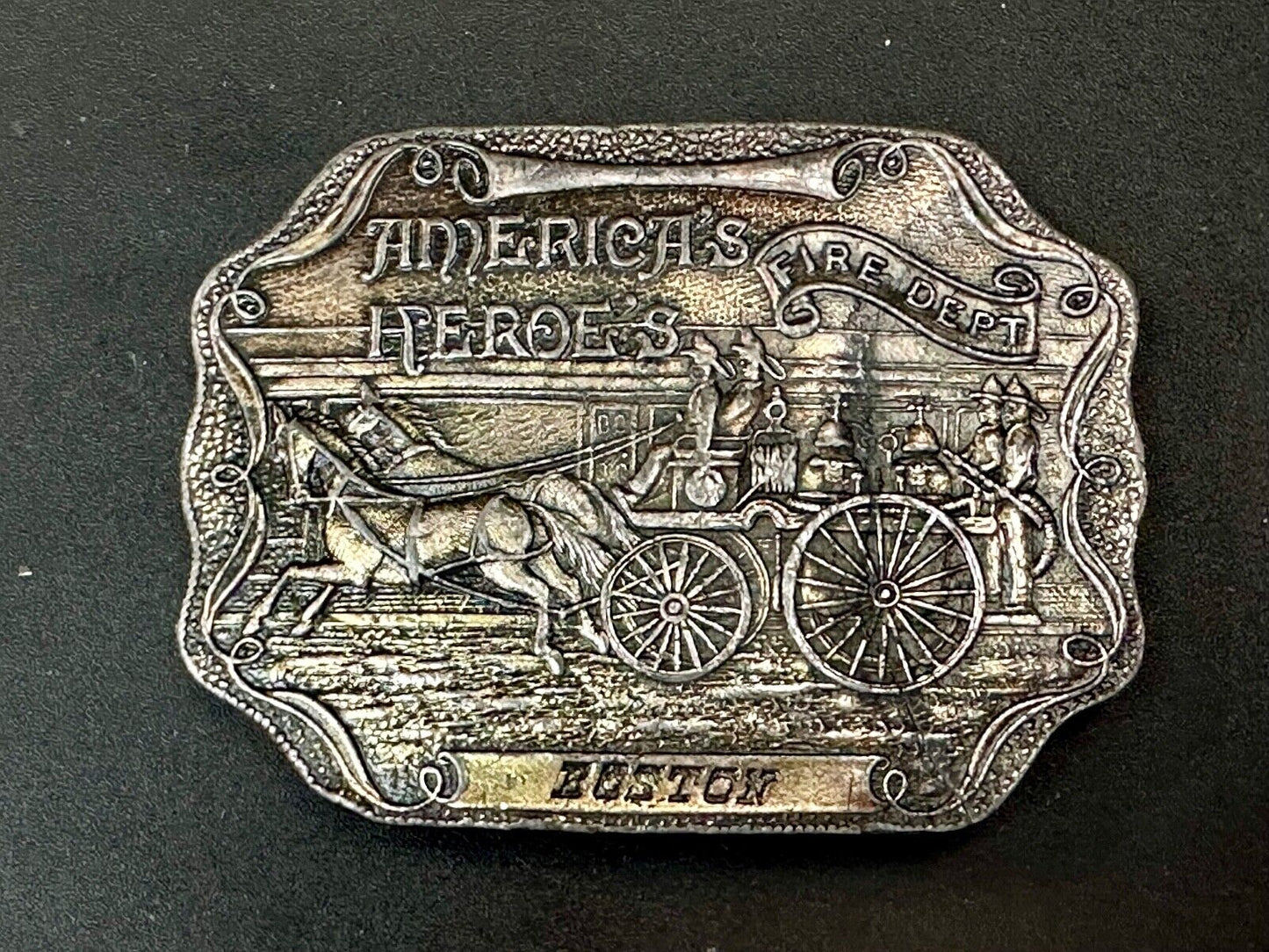 America's Heroes Fire Dept Boston Brass Tone Belt Buckle Horse Wagon