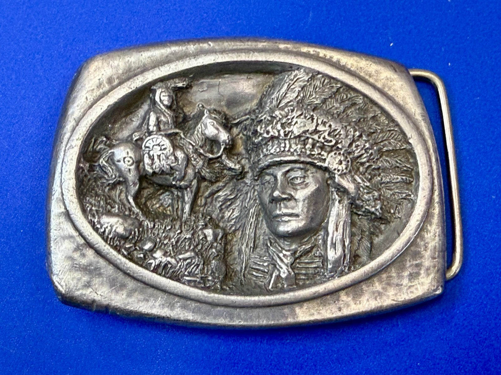 American Indian Chief Head with Headdress Silver Tone VTG 1988 C+J Belt Buckle