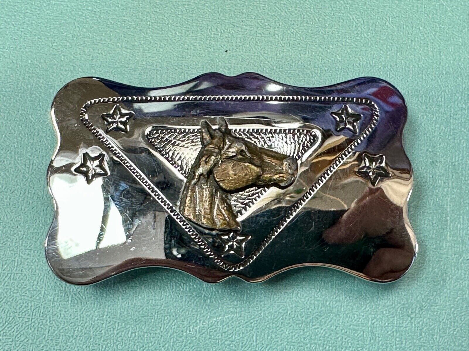 vintage horse head on reflective western silver tone rectangular belt buckle