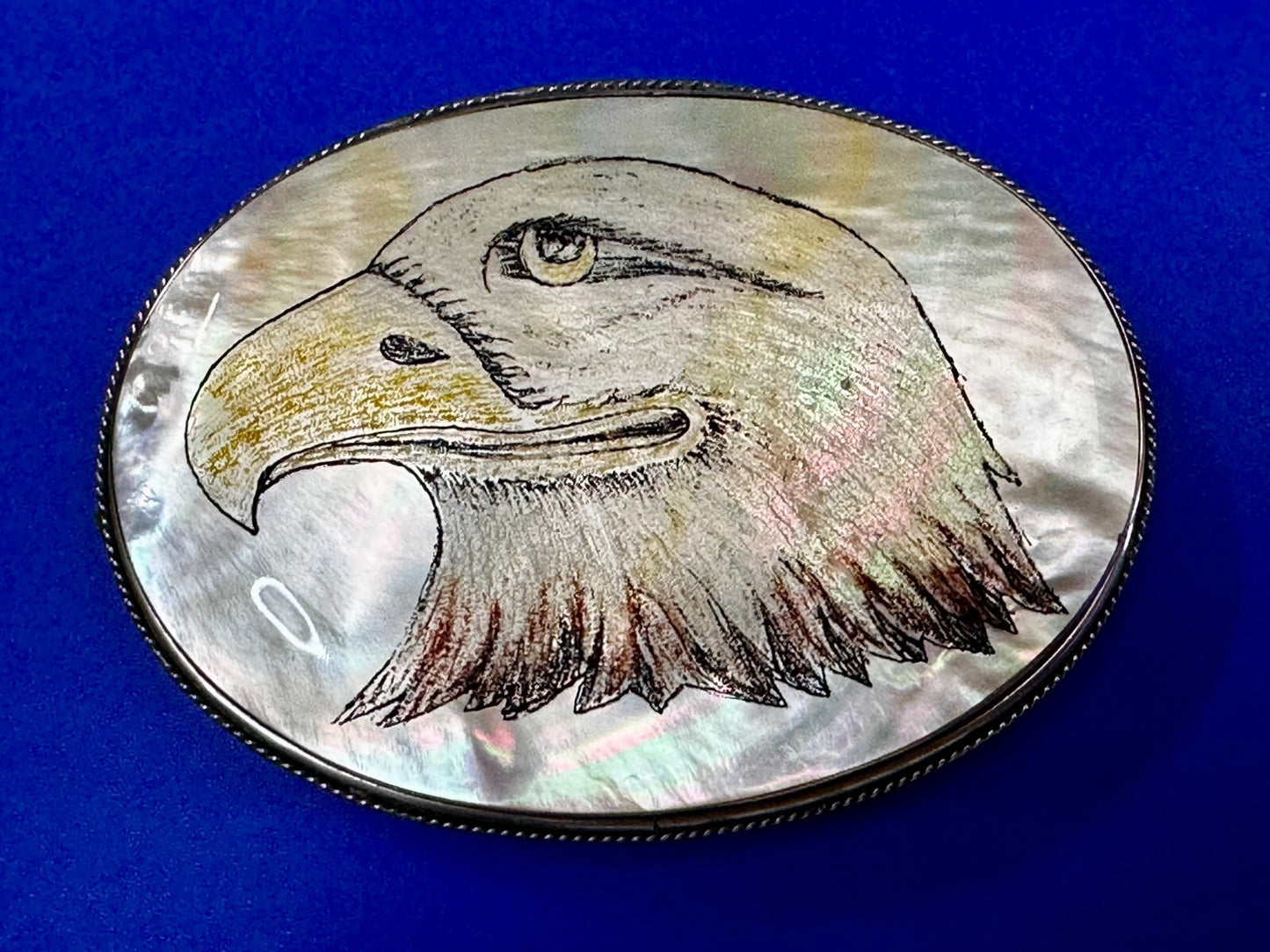 American Bald Eagle Handmade On Mother Of Pearl Shell Belt Buckle - Hallmarked M