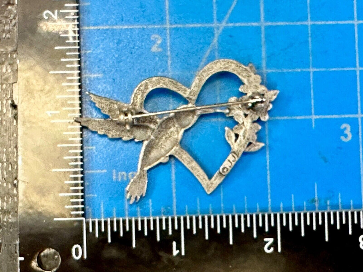 Vintage HUMMINGBIRD Brooch Pin Flowers & Heart Pewter Silver Tone Blue WIngs JJ