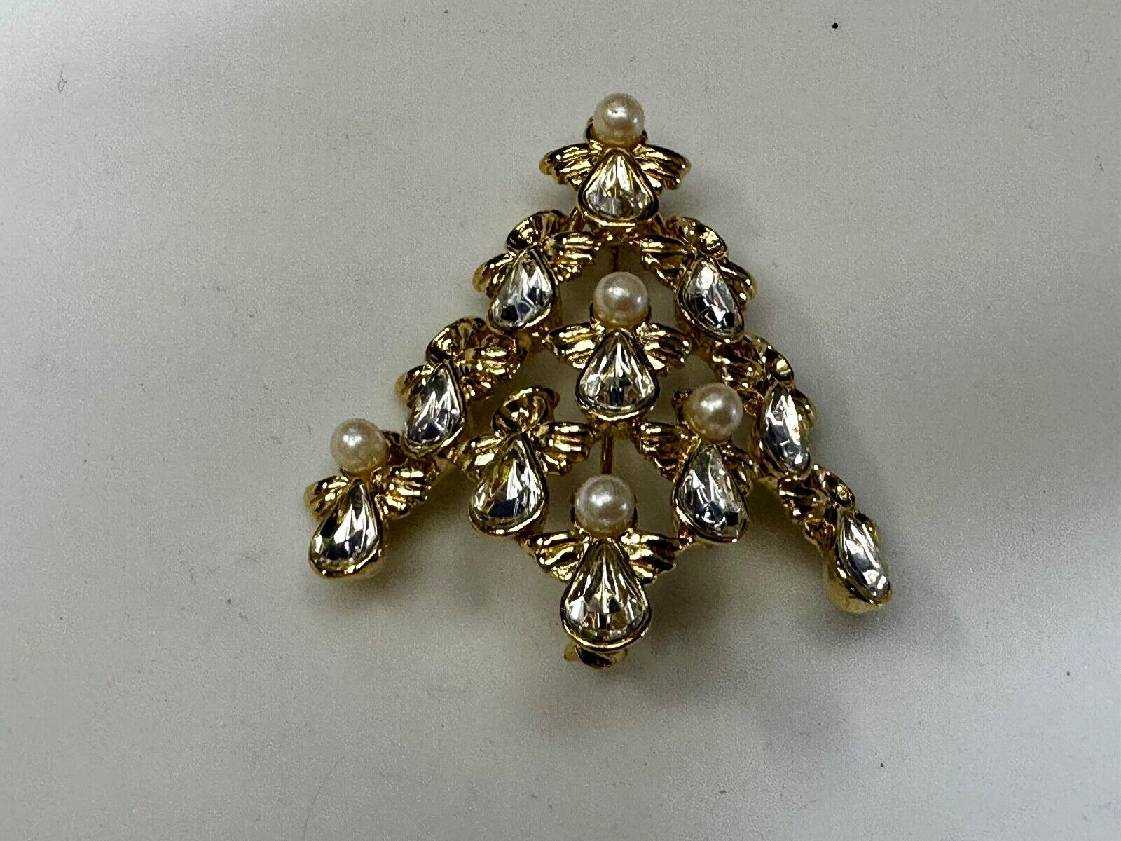 Angel Christmas Tree with Faux Pearls Vtg. Gold Tone Brooch Pin by Ninna Ricci
