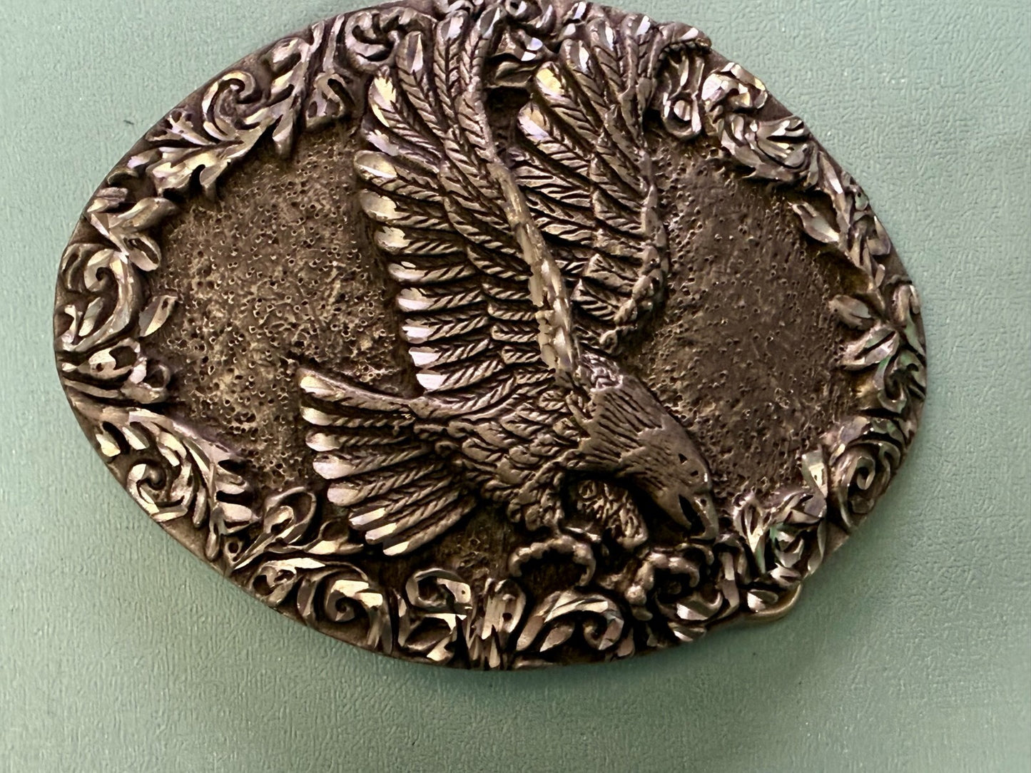 3D Flying American Bald Eagle Swirl Ornate Border Carved 1993 EGE Belt Buckle
