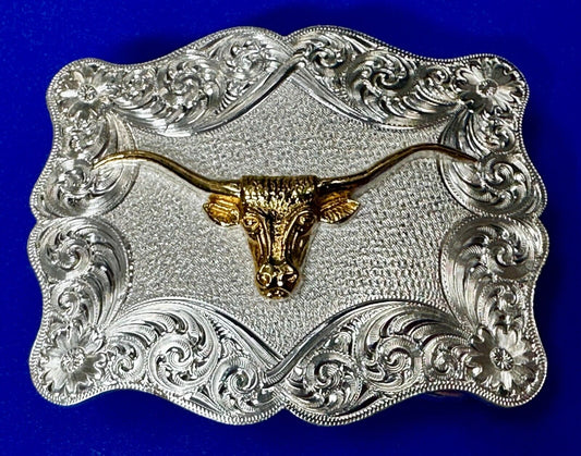 Texas Longhorn Steer Rodeo Bull Two Tone Belt Buckle by Montana Silversmiths
