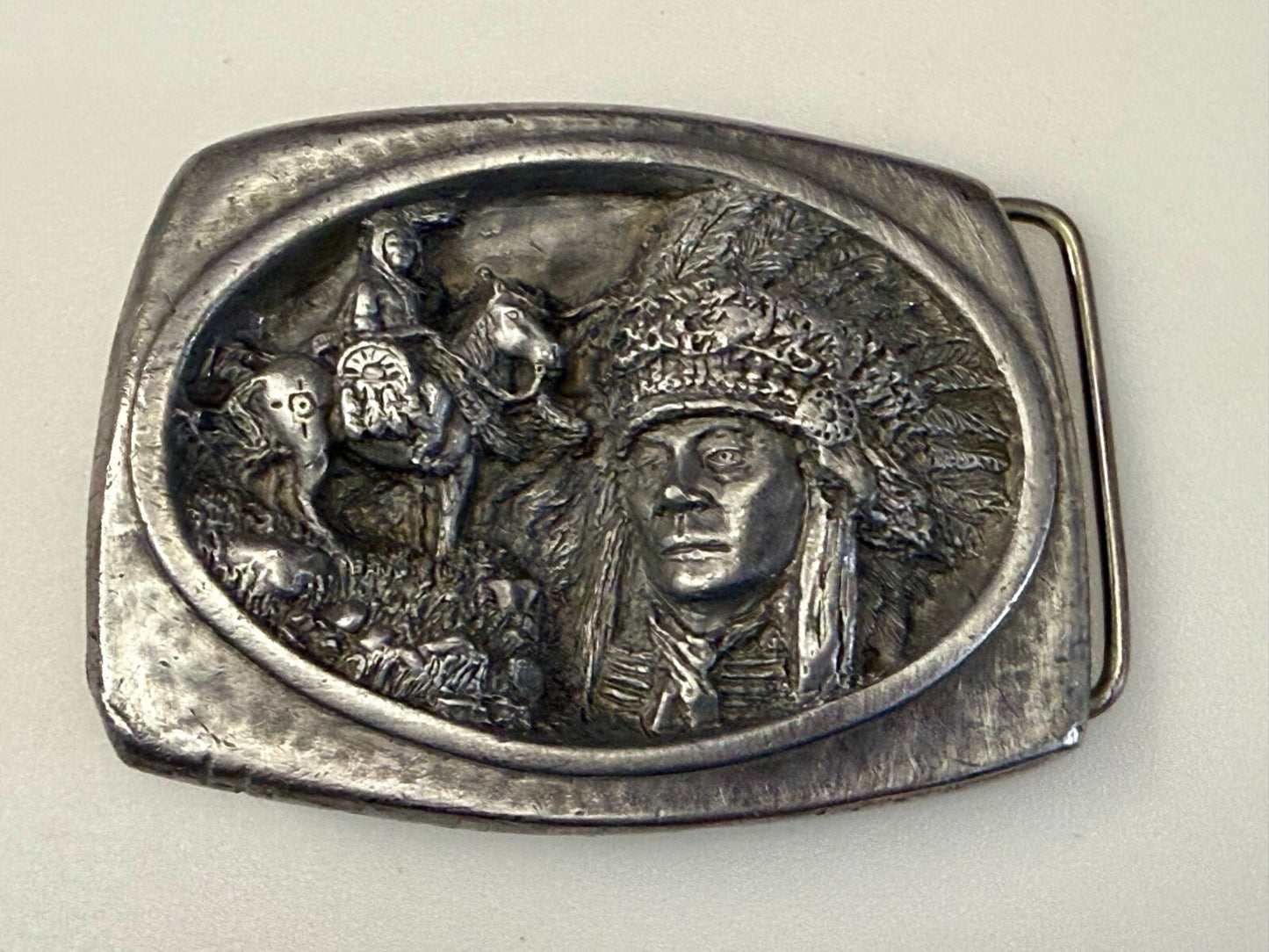American Indian Chief Head with Headdress Silver Tone VTG 1988 C+J Belt Buckle