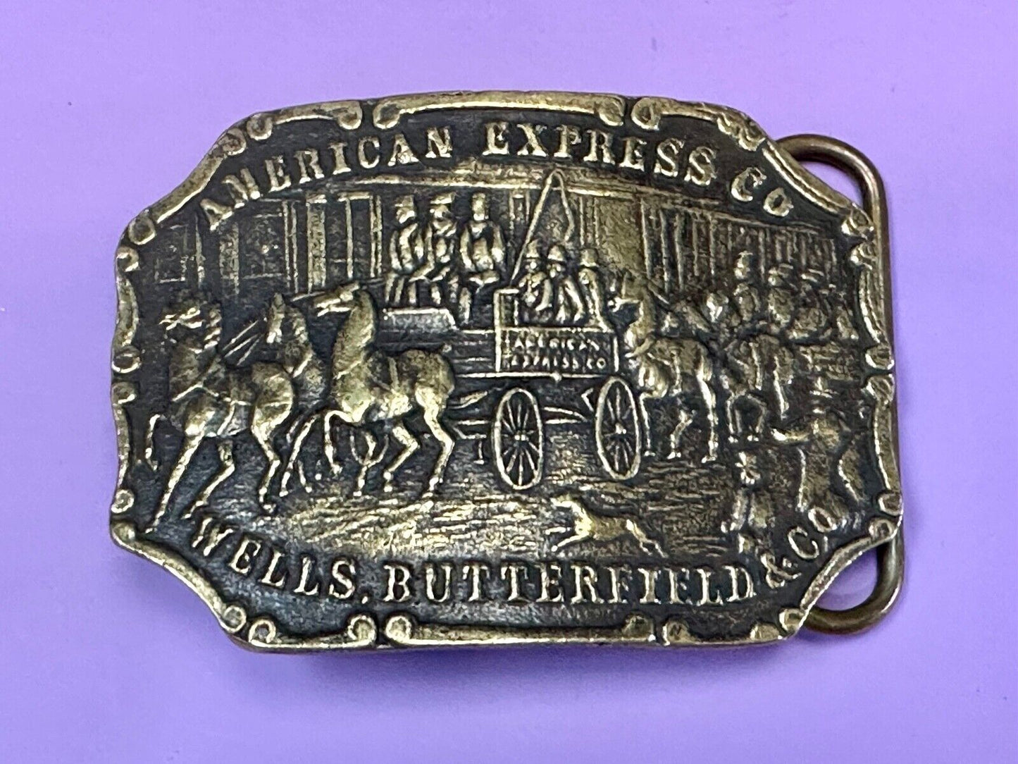 American Express Wells Butterfield stagecoach belt buckle - see back!