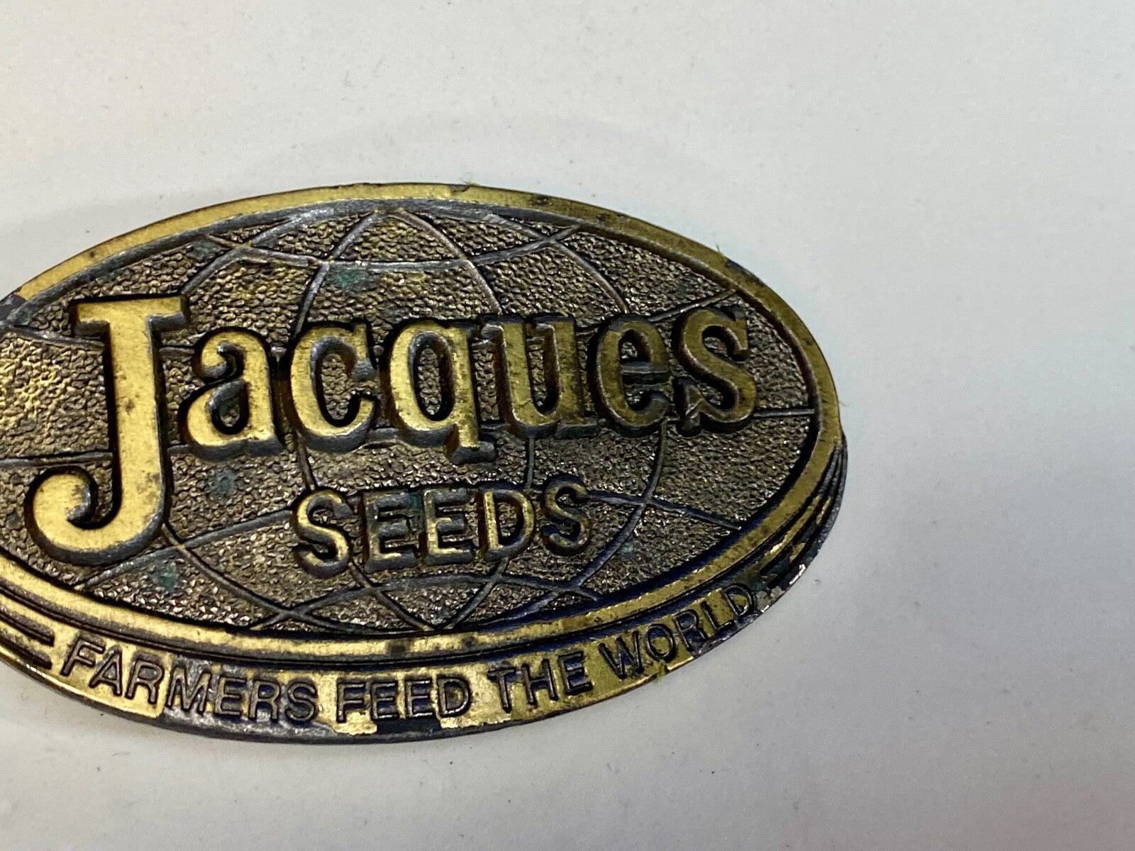  Vintage 1977 Jacques Seeds Farmers Feed The World Brass Tone Belt Buckle