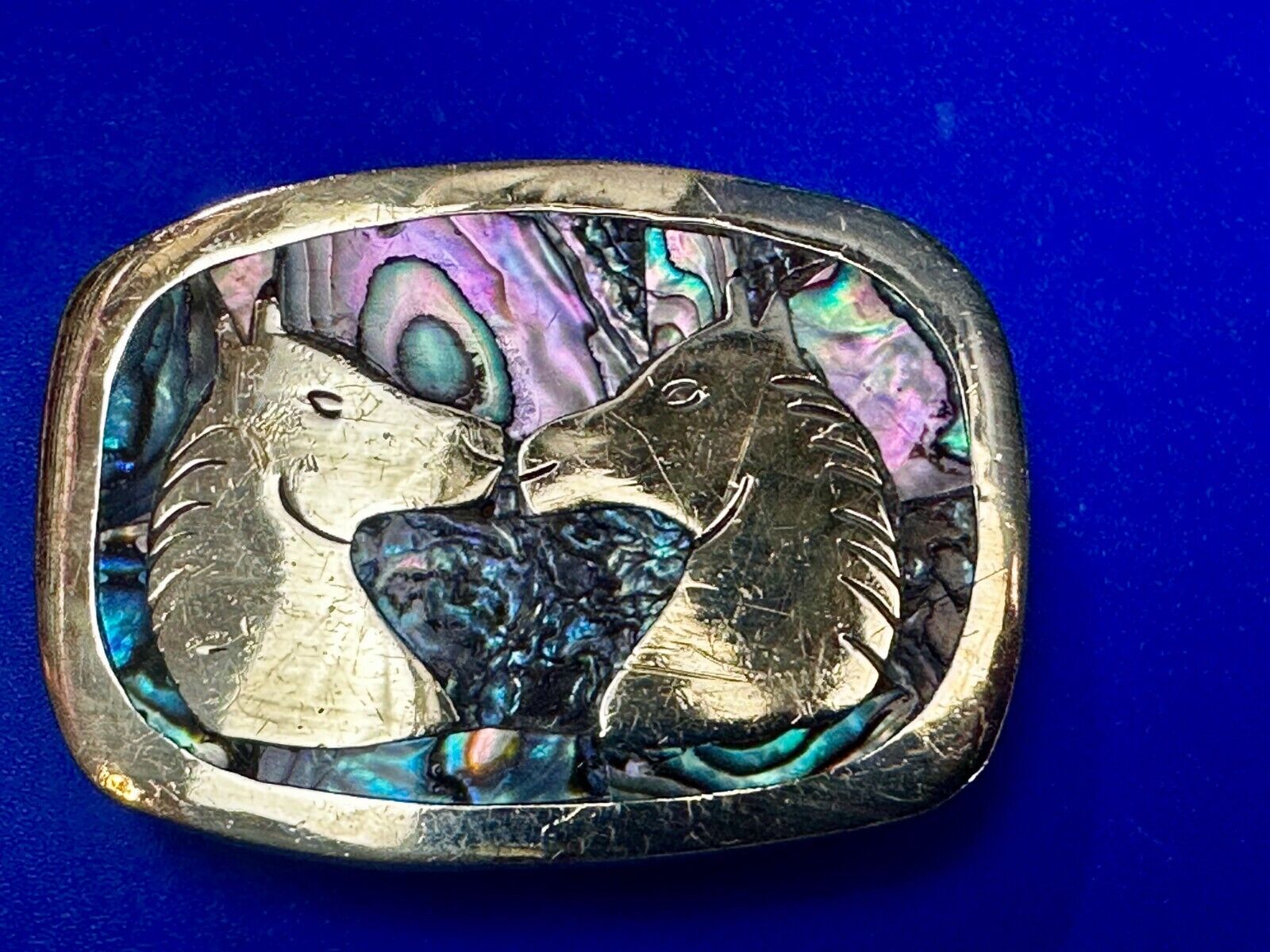 Two Horses Vintage Inlaid Alabone Shell Small Mexico Stamped Belt Buckle