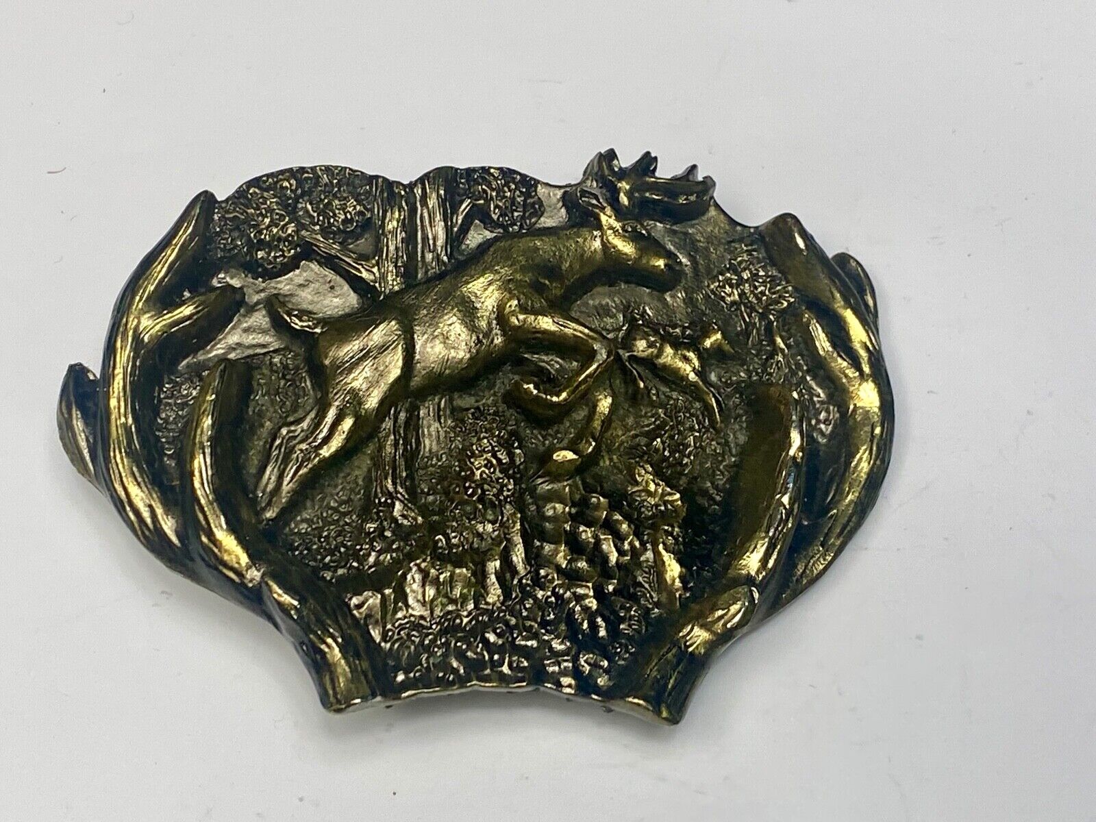 3D Buck Deer & Doe in woods - Vintage Belt Buckle 1982 Great American Buckle Co.