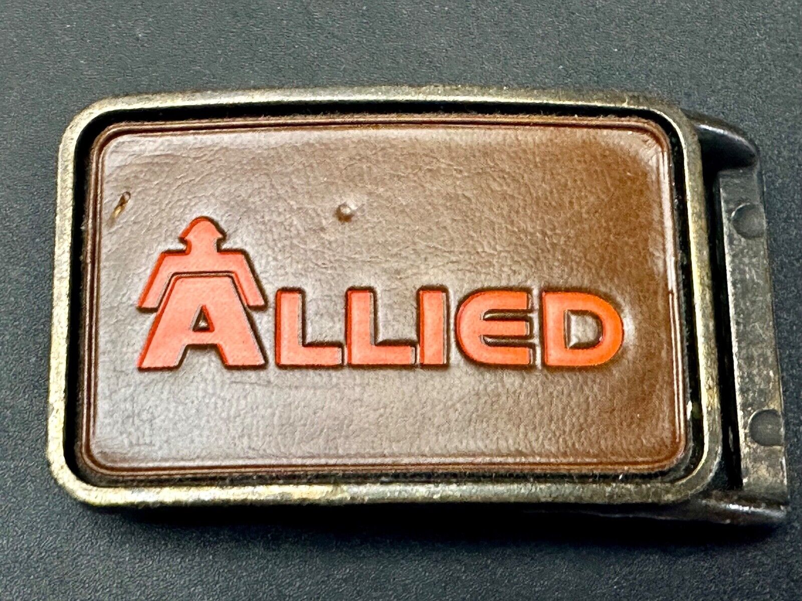 70's Allied Trucking Transportation Vintage leather Belt Buckle orange lettering