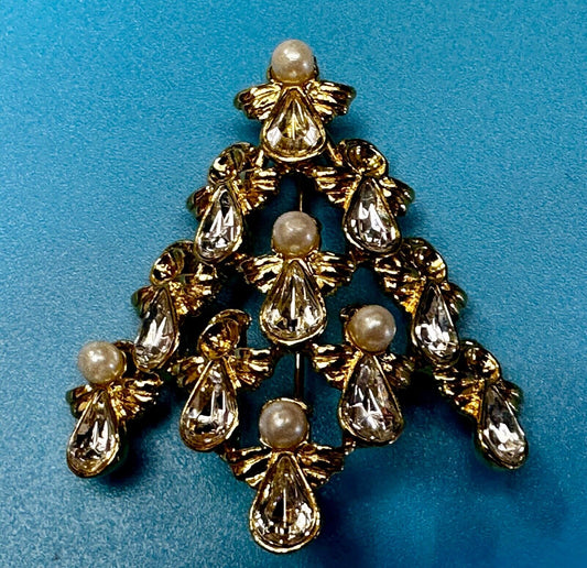 Angel Christmas Tree with Faux Pearls Vtg. Gold Tone Brooch Pin by Ninna Ricci