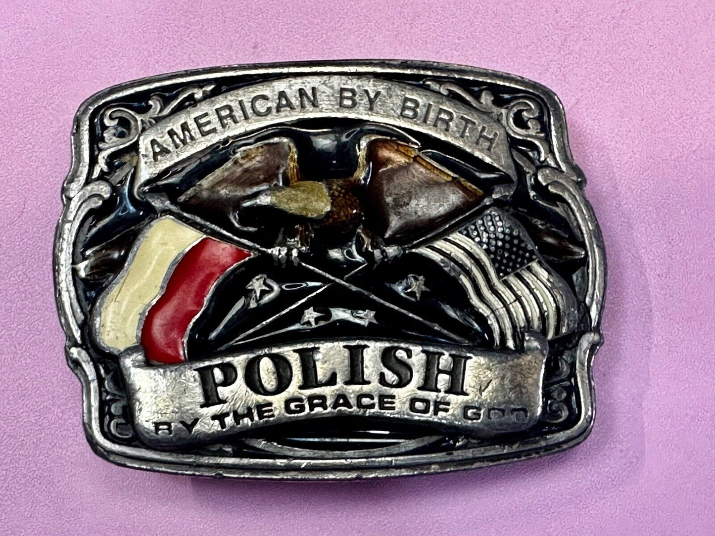 American by Birth Polish by the Grace of God Vintage 1988 Bergamot Belt Buckle