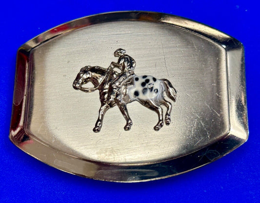 Vintage Horseback Riders cowboys belt buckle with black & white enamel accents