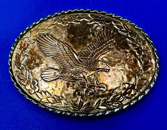 Vintage EAGLE flying High western etched flower swirl design belt buckle - W