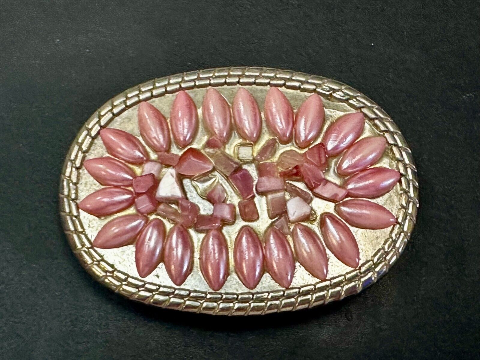 Artisan Made Pink Stones? on silver tone oval western Belt Buckle