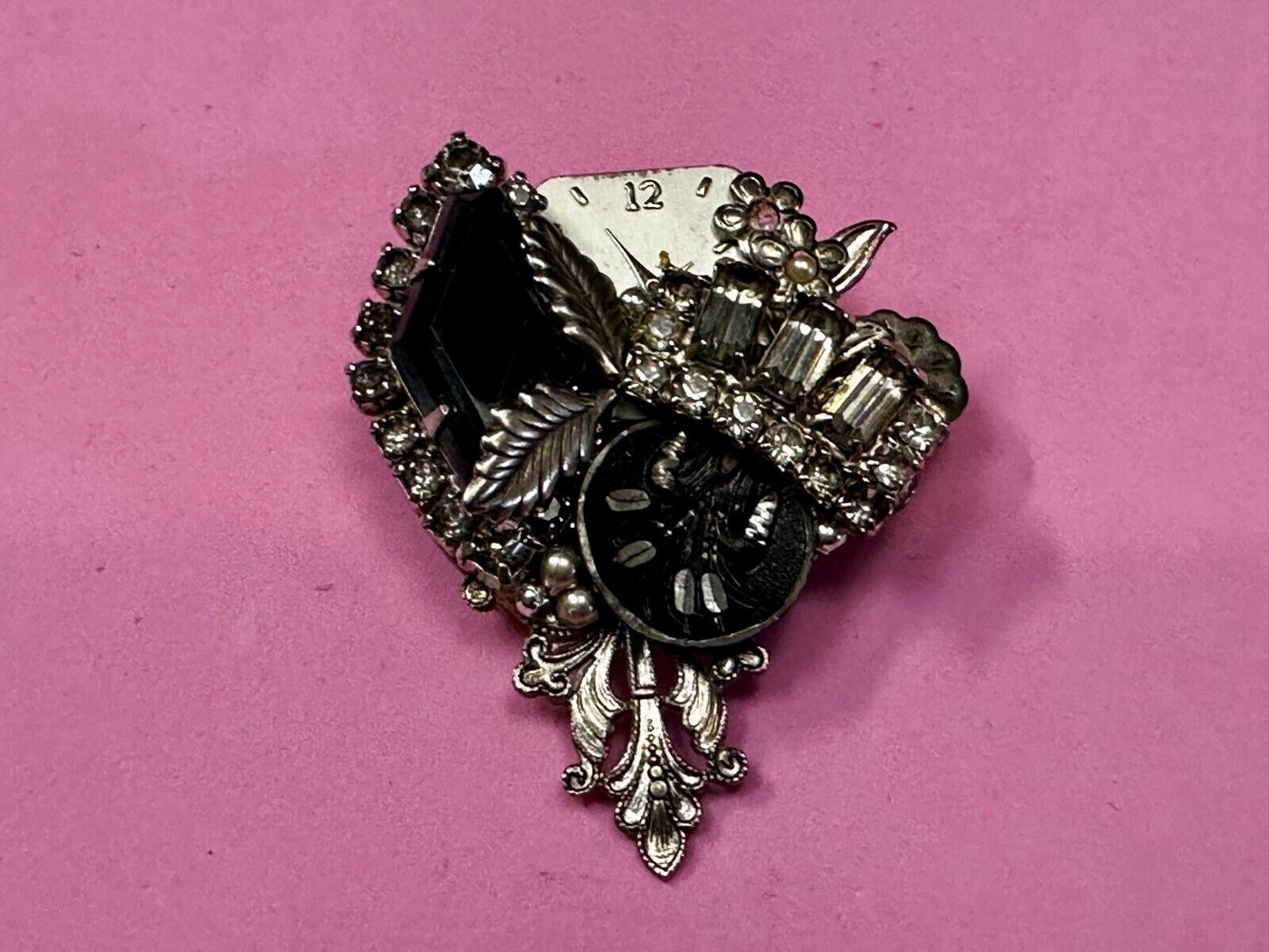 Victorian Style Flower Clocks with Rhinestone Artisan Silver Tone Brooch Pin