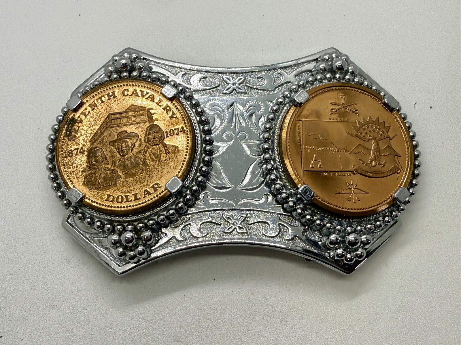 Two Seventh Cavalry Tokens Medallions in Dual Coin Collectors Belt Buckle