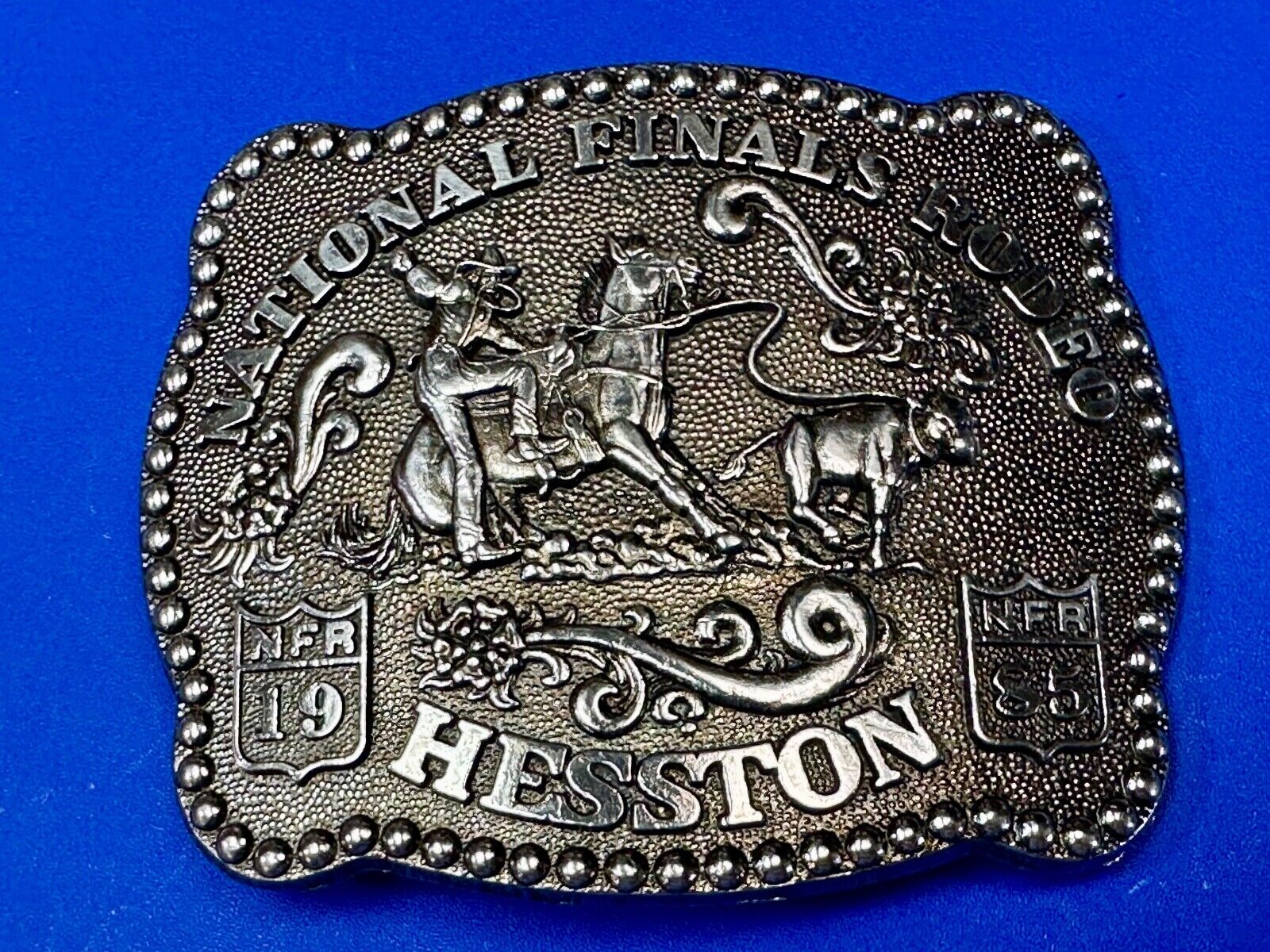1985 NFR Rodeo Vintage Hesston Belt Buckle Steer Wrestling Cowboy