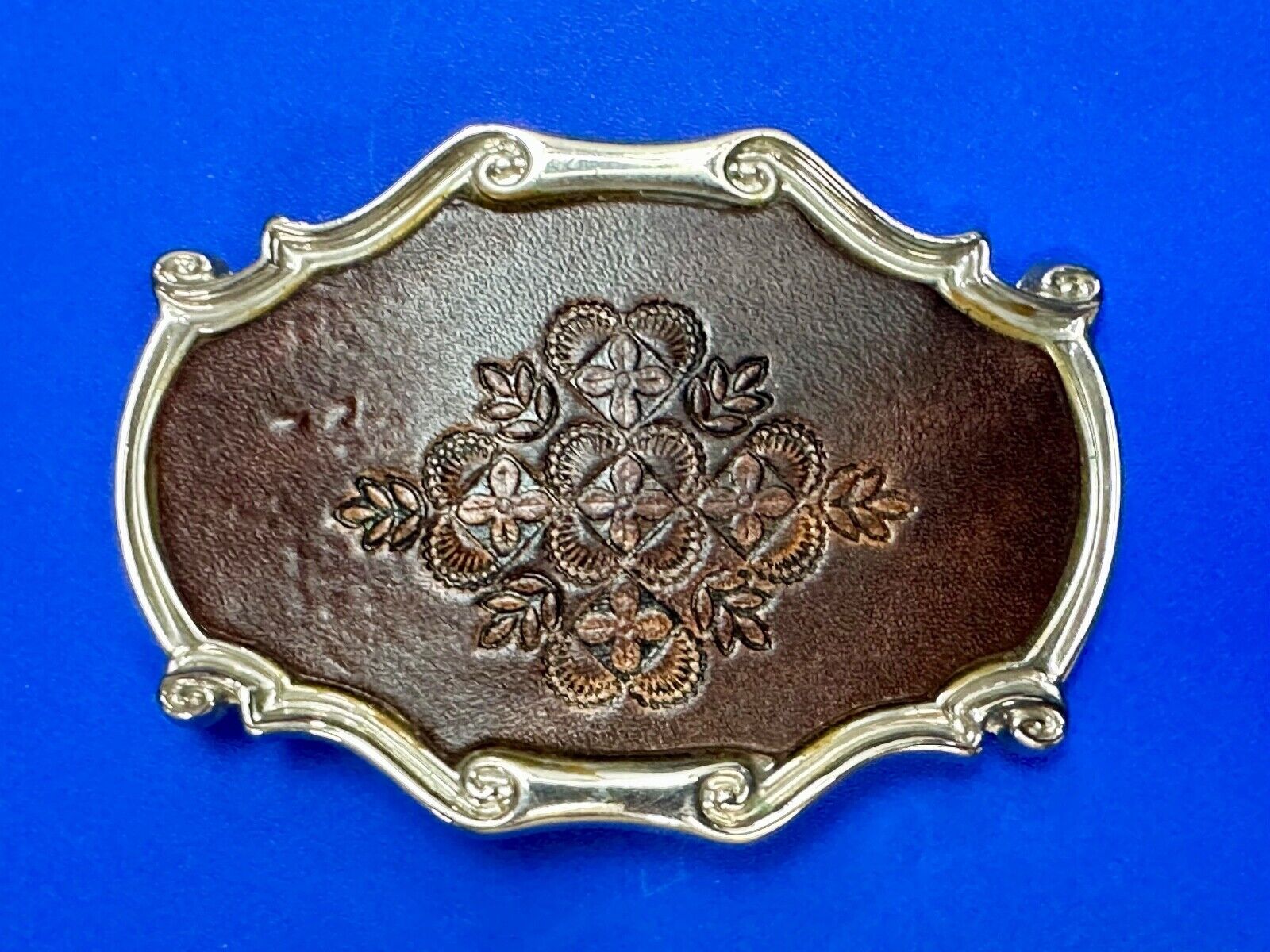 Vintage Brown leather flower pattern belt buckle made in Spain