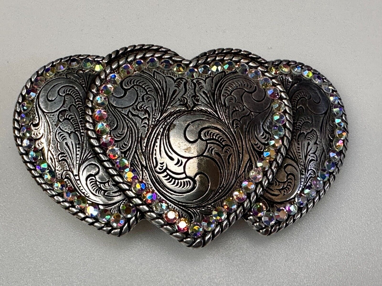 Triple / 3 Hearts - Rhinestone accented Silver tone cutout western Belt Buckle