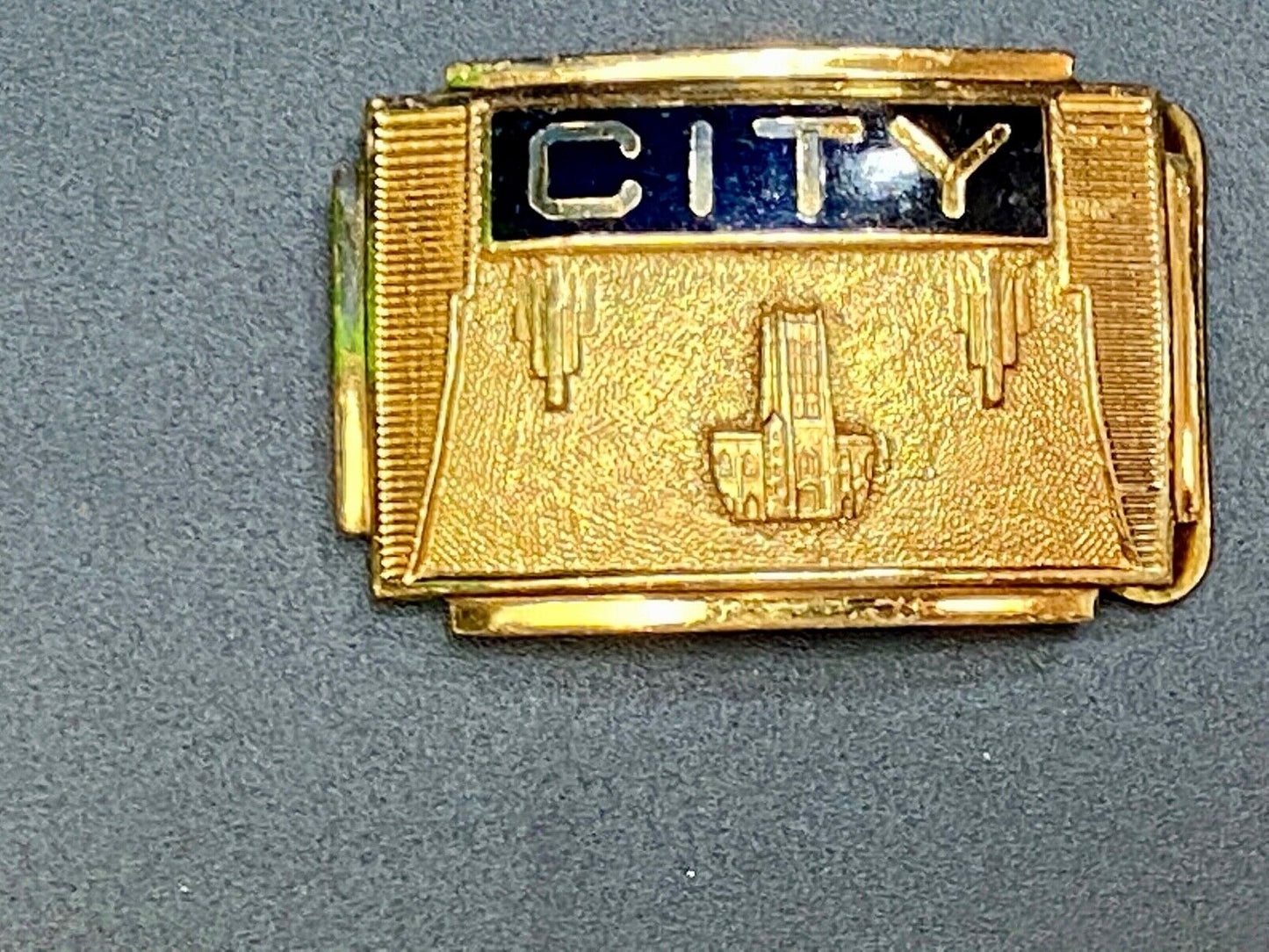 1930's CITY picture & words, Gold and Black color formal belt buckle by Jenkins 