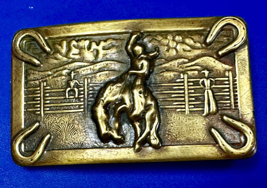 Vintage Cowboy Saddle Bronc western belt buckle with horseshoe corners