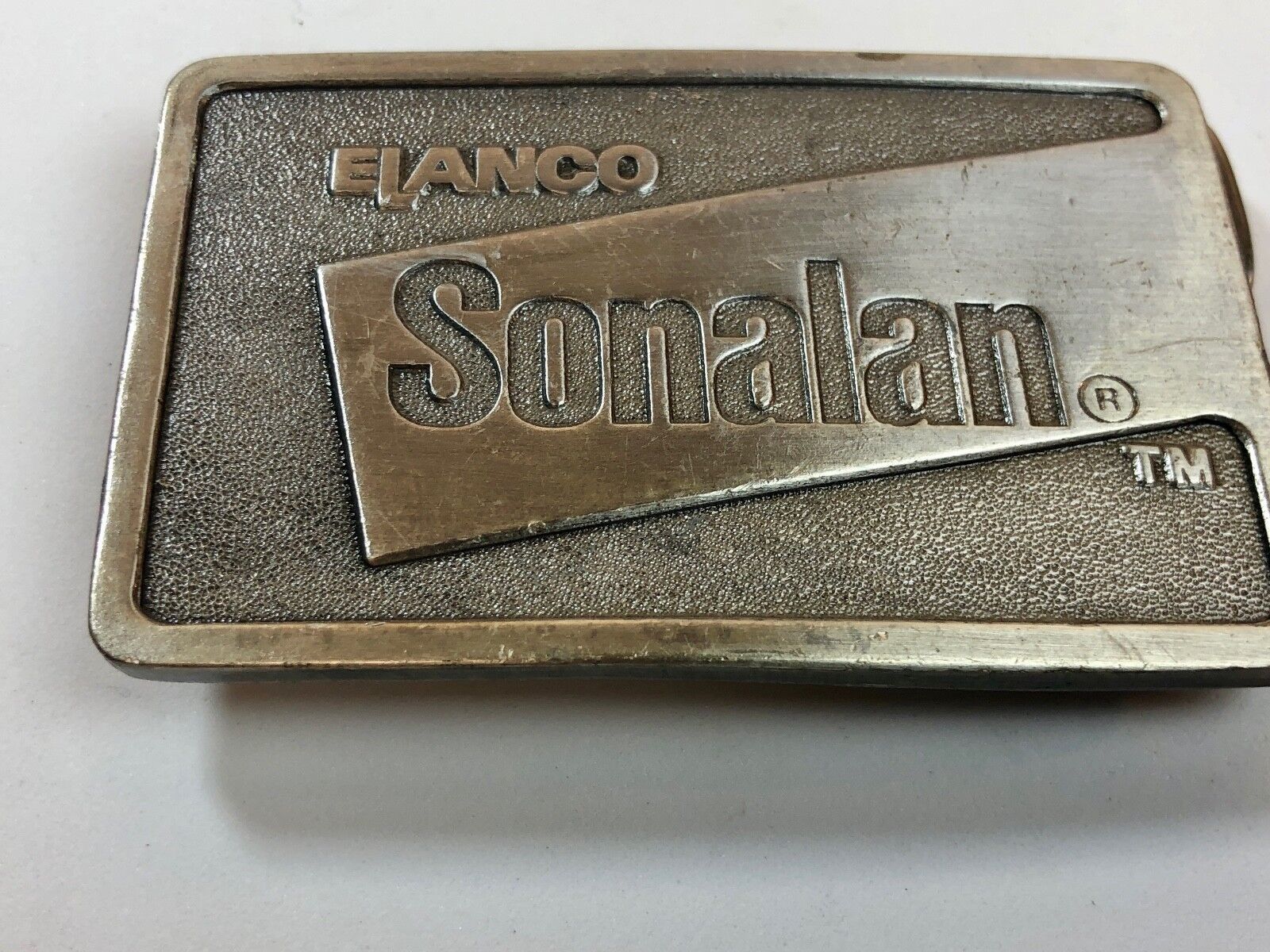 1980s **ELANCO SONALAN** farming HERBICIDE BELT BUCKLE  customer thank you 