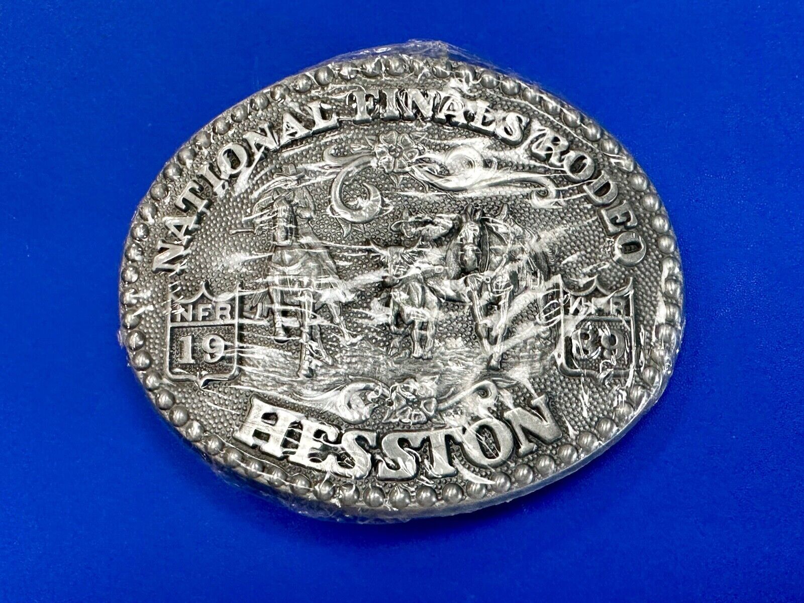 1989 Adult Size Hesston National Finals Rodeo Bull Riding Cowboys belt buckle