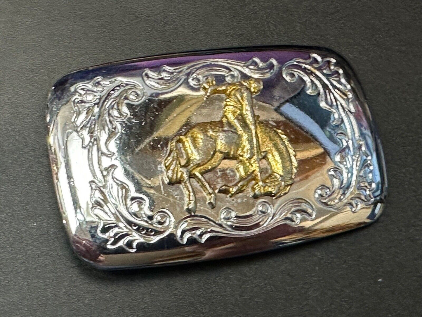 Vintage END of the trail Horse Cowboy hat off Vintage two tone belt buckle