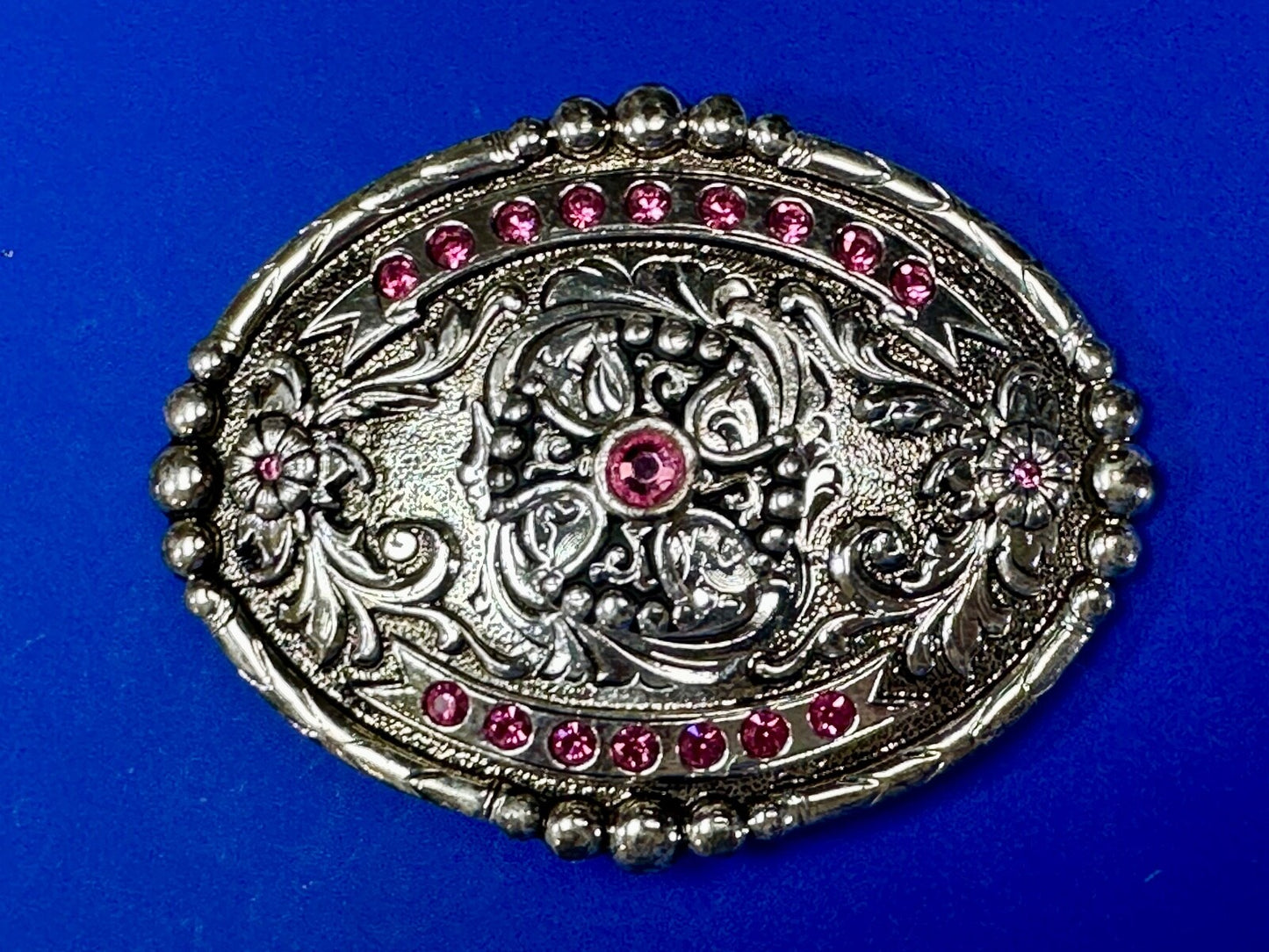 Authentic Silver Plated Pewter Belt Buckle With Cowgirls Girly Pink Rhinestones 