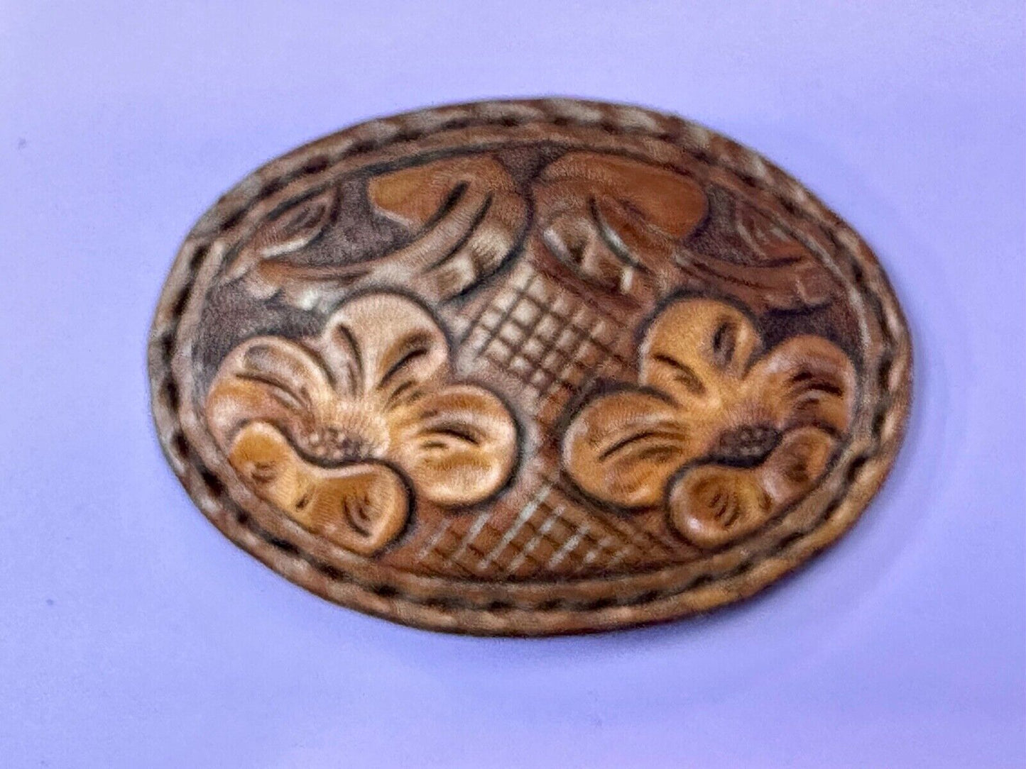 4" wide brown leather floral theme hand stitched artisan belt buckle