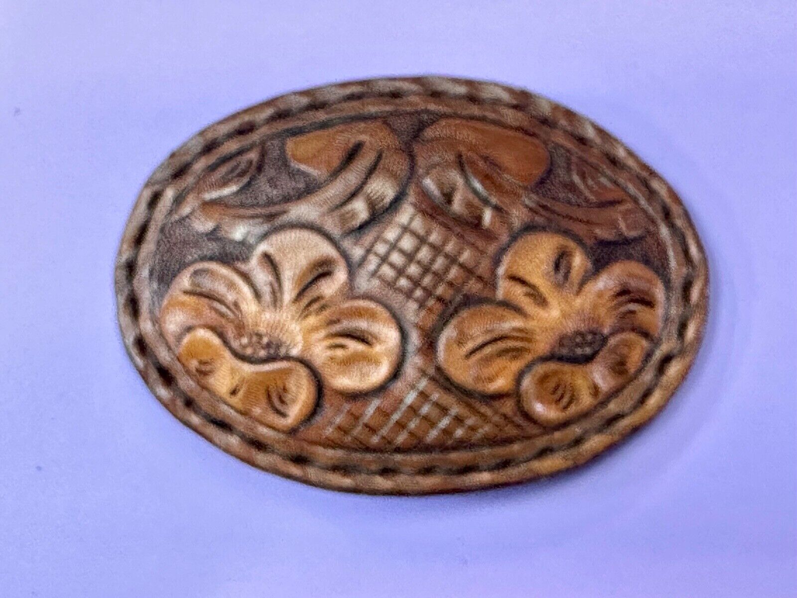 4" wide brown leather floral theme hand stitched artisan belt buckle