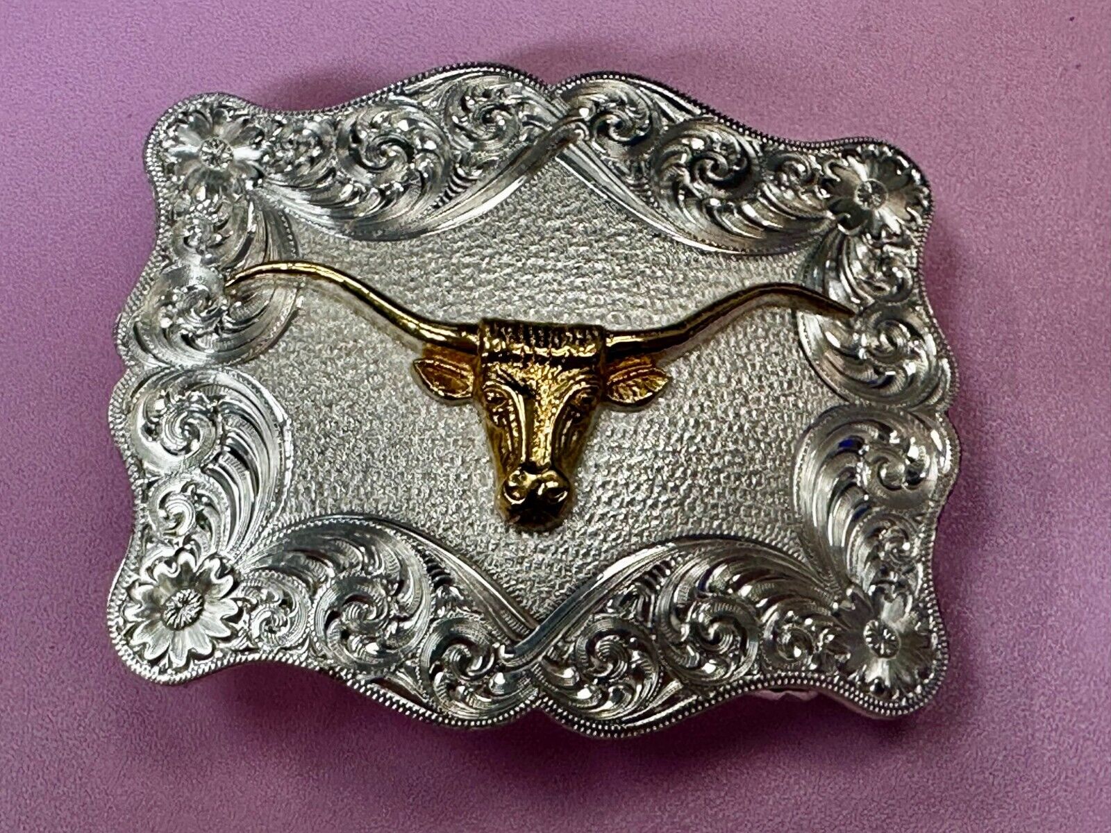 Texas Longhorn Steer Rodeo Bull Two Tone Belt Buckle by Montana Silversmiths