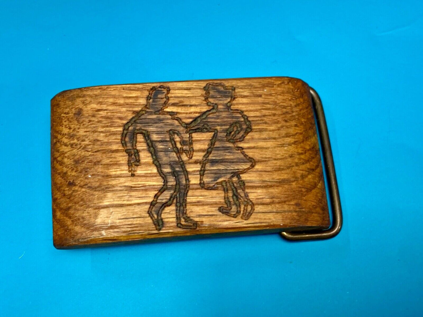 Artisan country line square Dancing Couple burned into wood grain belt buckle