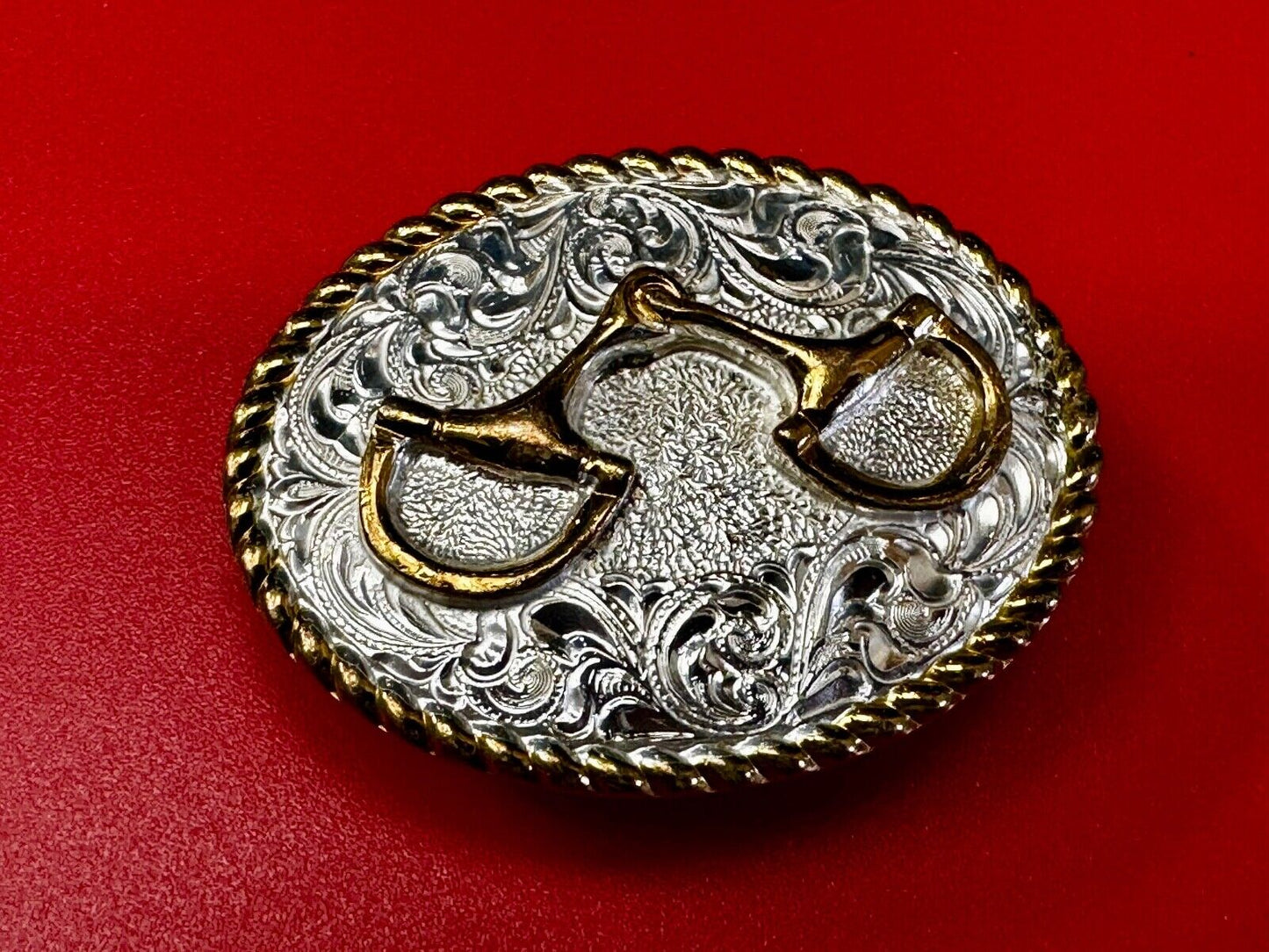 Vintage Crumrine 2" Wide Small Two tone Belt Buckle Engraved Swirl Design