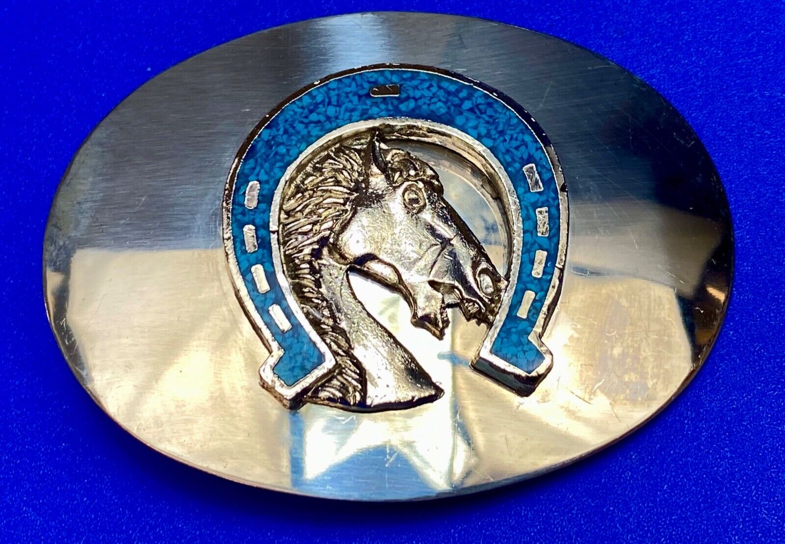 Vintage Horse head in Turquoise chip inlaid Horseshoe reflective belt buckle
