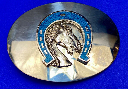 Vintage Horse head in Turquoise chip inlaid Horseshoe reflective belt buckle