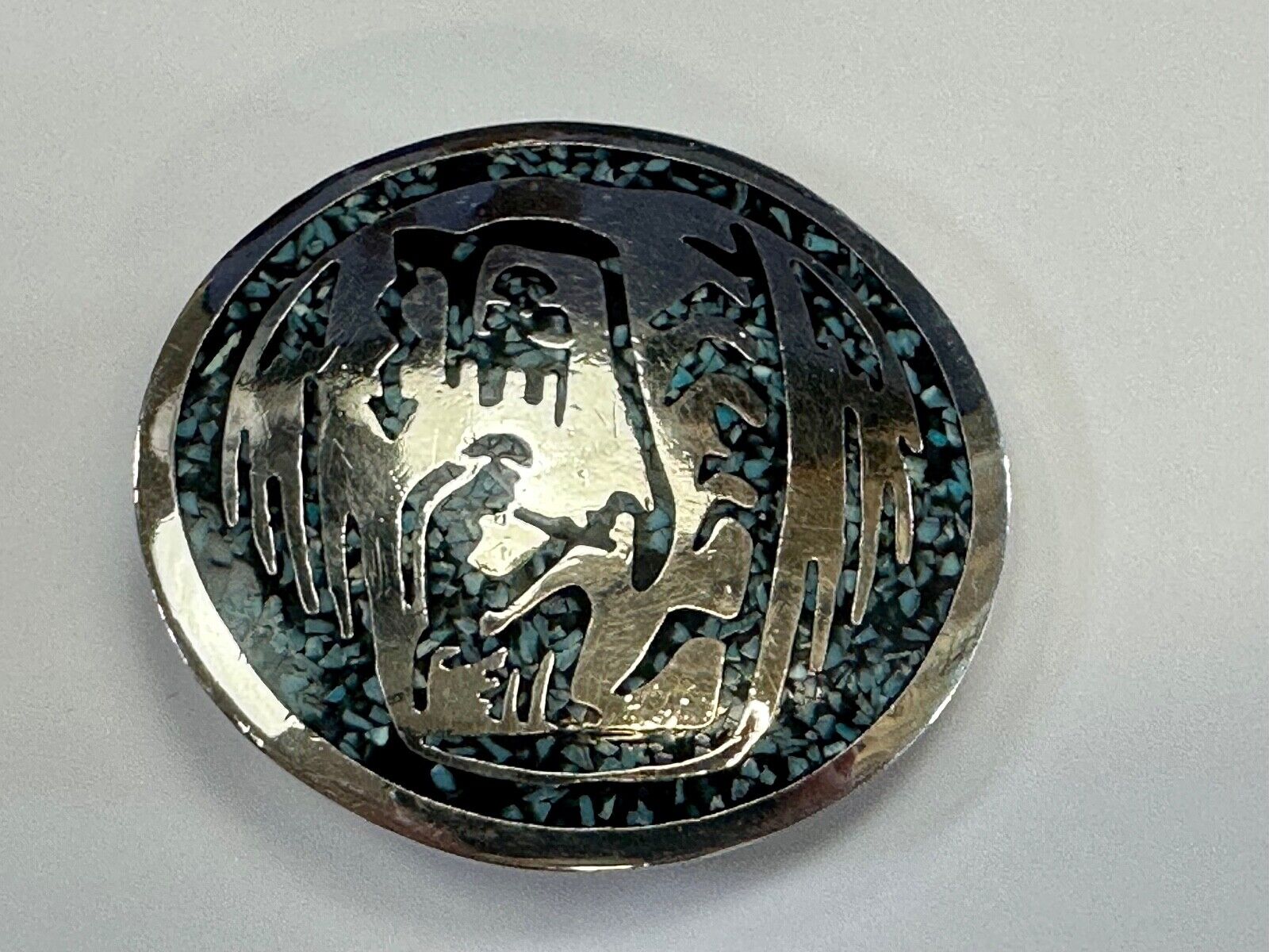 Artisan Inlaid Turquoise chip Beautiful Art pc. Vintage belt buckle marked 1980