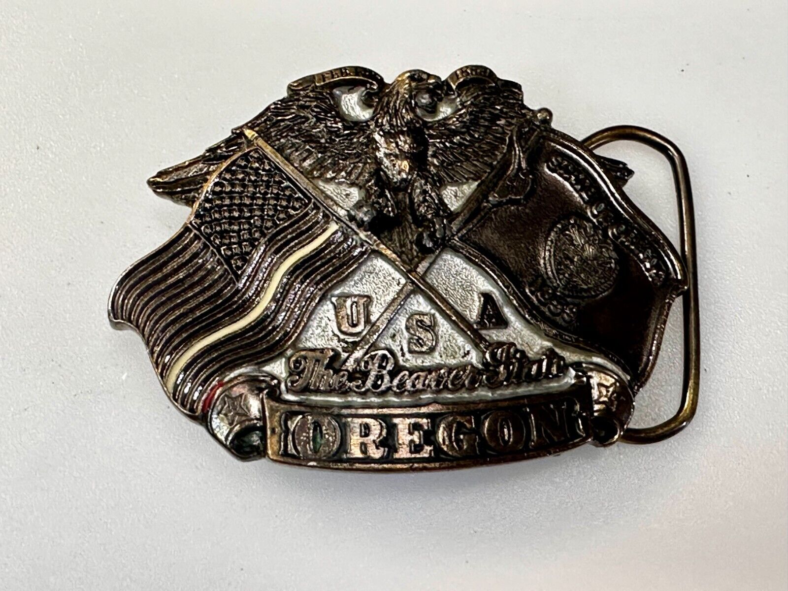 The Beaver State OREGON American Flag Eagle Seal 1987 Commemorative Belt Buckle