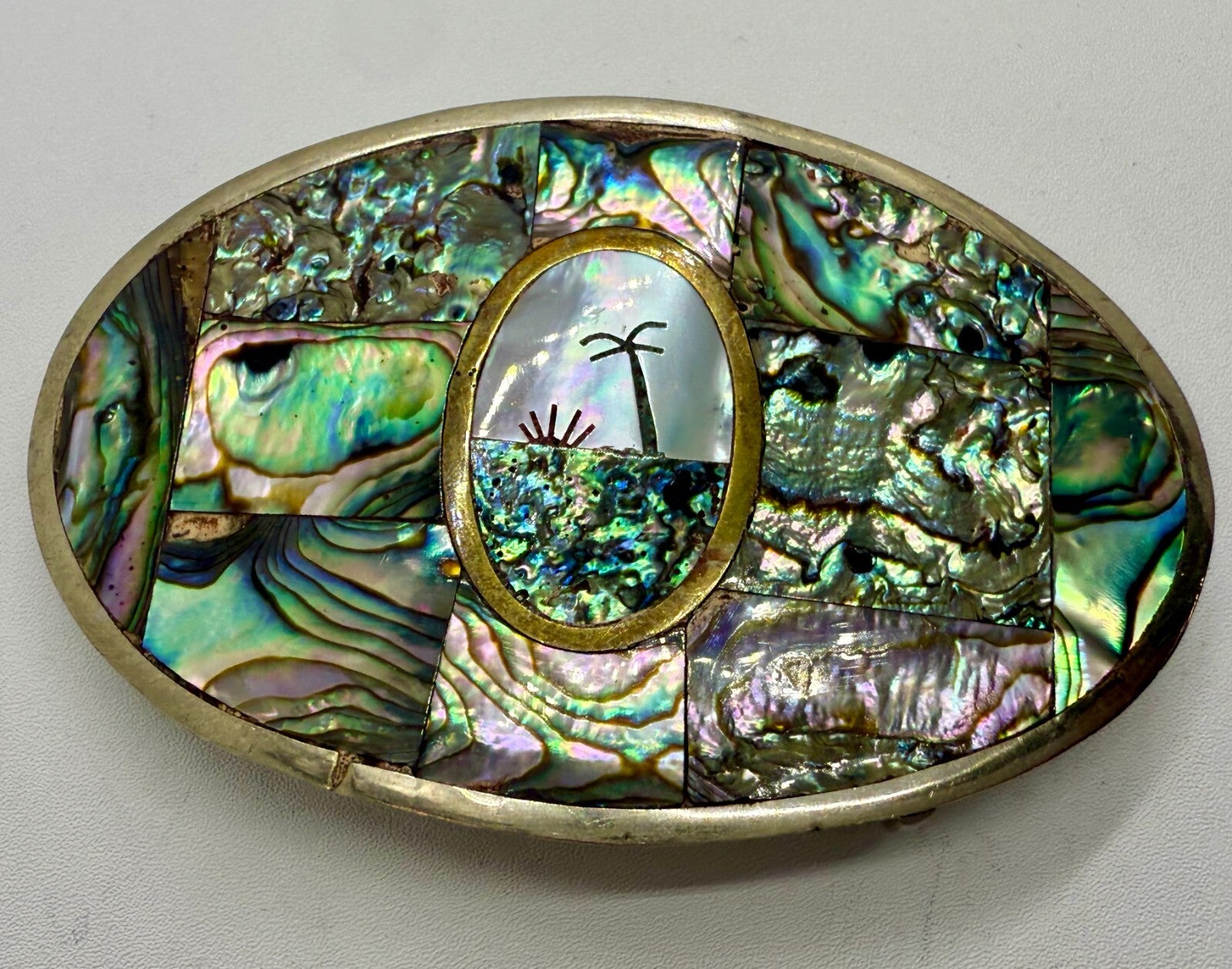 Abalone Shell Mother of Pearl Inlay Beach Scene Belt Buckle Hencho en Mexico