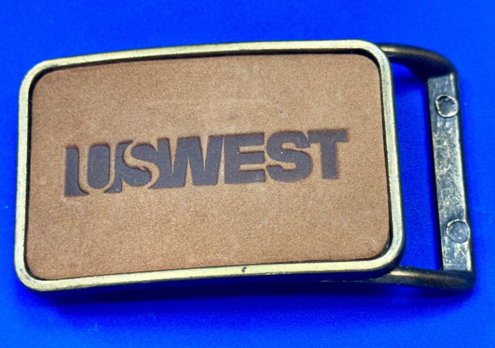 US WEST Telephone Service Company Promo Vintage Leather & Brass Tone Belt Buckle