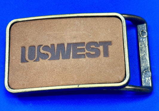US WEST Telephone Service Company Promo Vintage Leather & Brass Tone Belt Buckle
