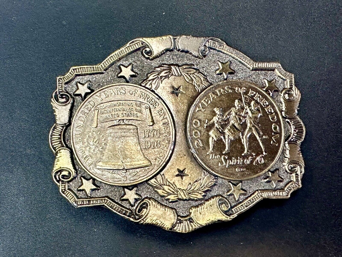 Two Coins Spirit of 76, Liberty Bell Patriotic America Vintage Lewis Belt buckle